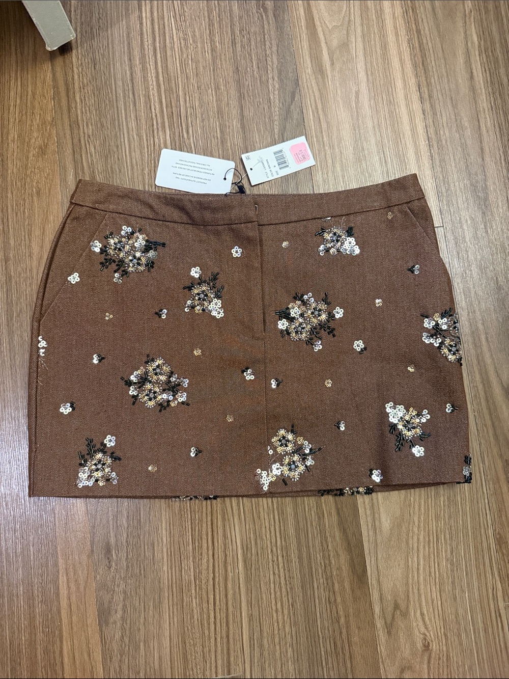 Line & Dot Embellished Brown Sequin Floral Mini Skirt
